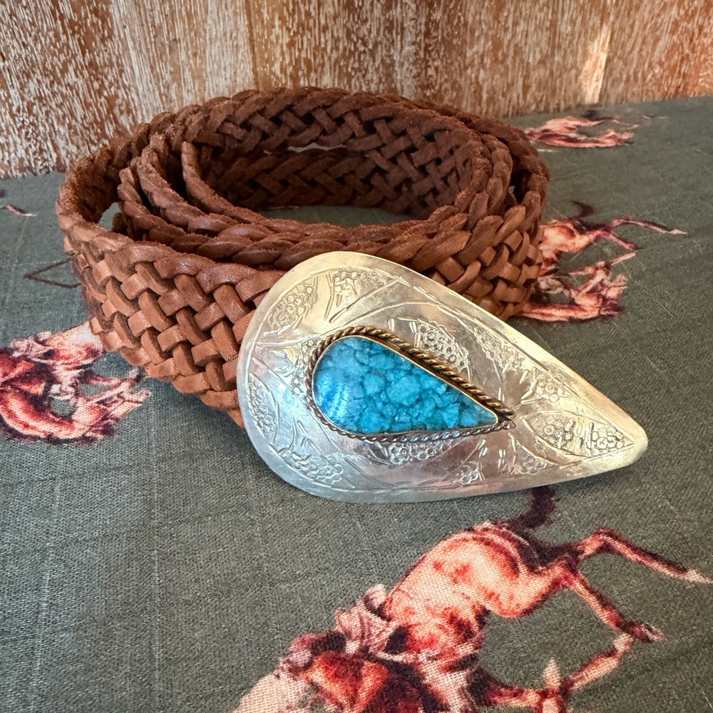 Woven Brown Leather Belt with Turquoise Teardrop Buckle